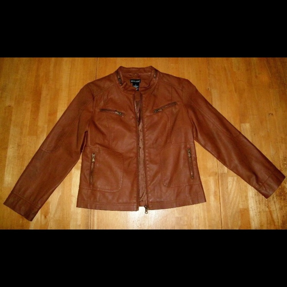 Ladies brown faux leather moto jacket